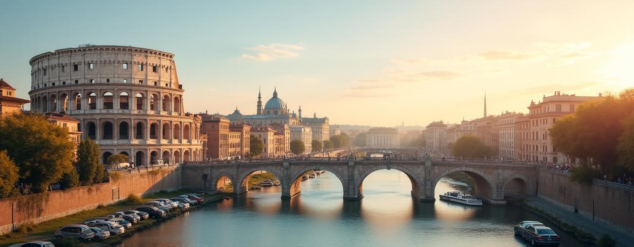 Bandiera Italiana e Statunitense con skyline di Roma e New York